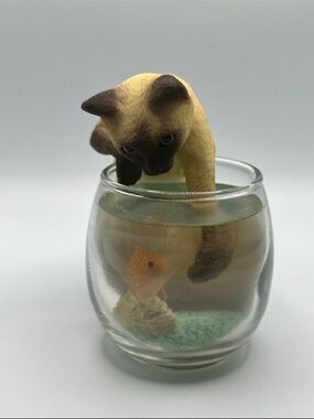 Siamese Cat Figurine Peeking Into Fishbowl
